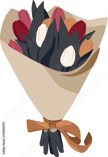 Vector bouquet of colorful tulips in a package with a bow