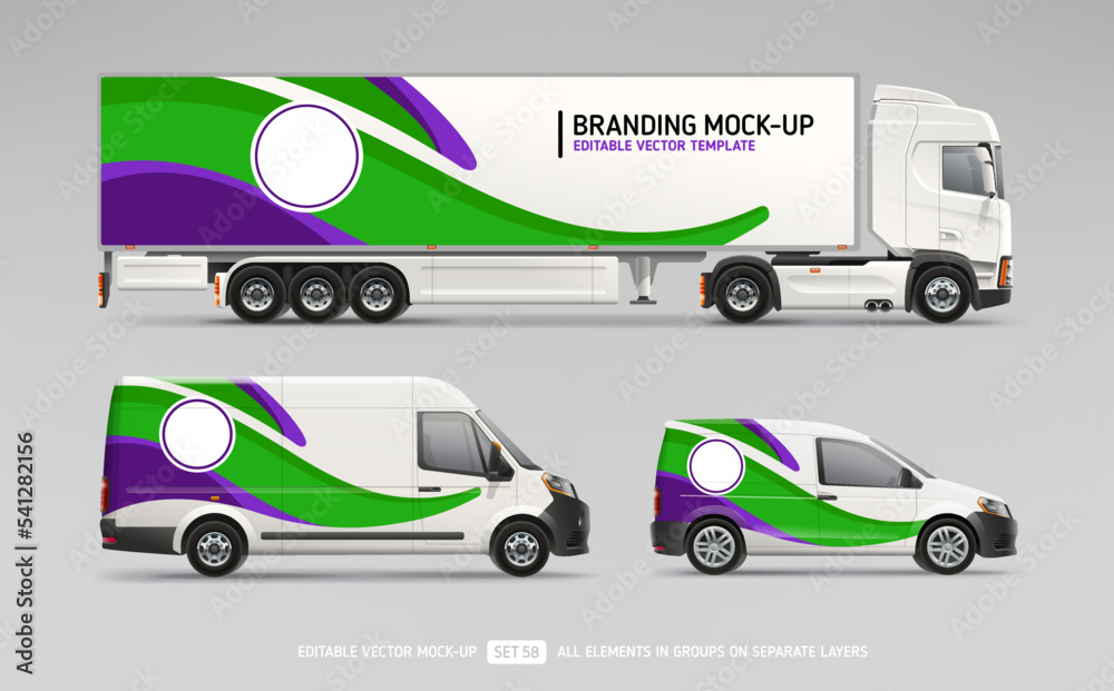 Company Van, truck trailer mockup set with livery branding design. Abstract graphic of purple and green stripes wrap, sticker and decal design for transport
Company Van, truck trailer mockup set with livery branding design. Abstract graphic of purple and green stripes wrap, sticker and decal design for transport