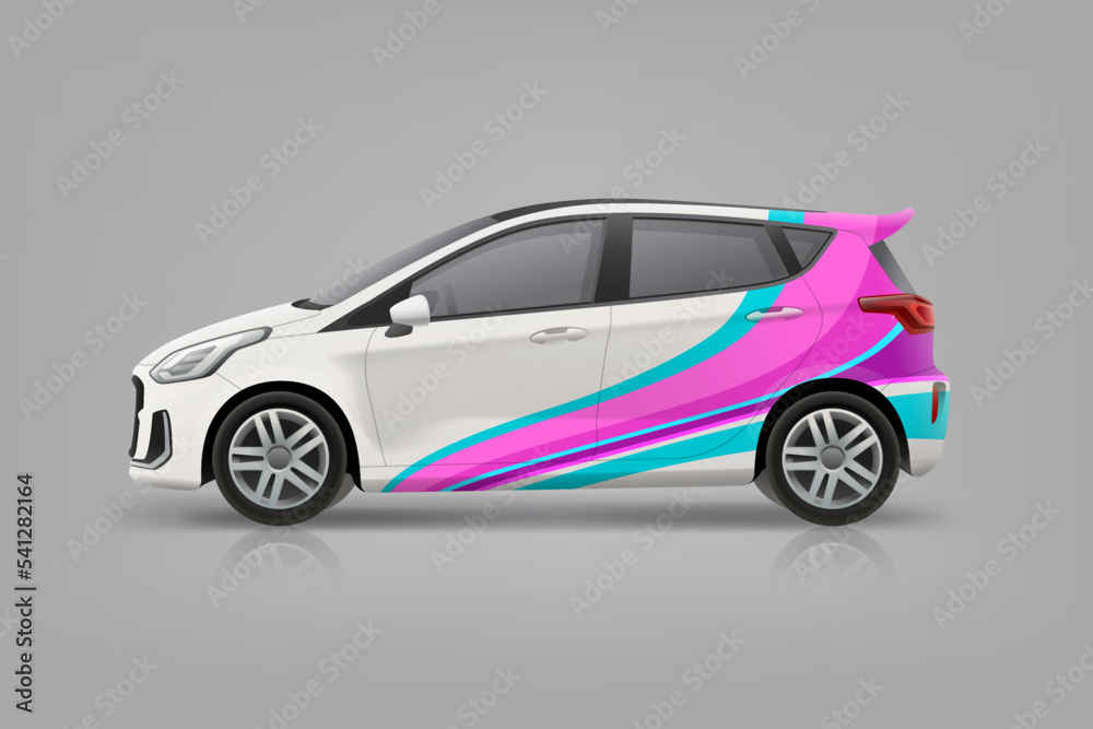 Branding design on Company Car mockup. Abstract  brand identity of pink stripes background on corporate Car. Branding vehicle. Raicng wrap decal. Editable vector template