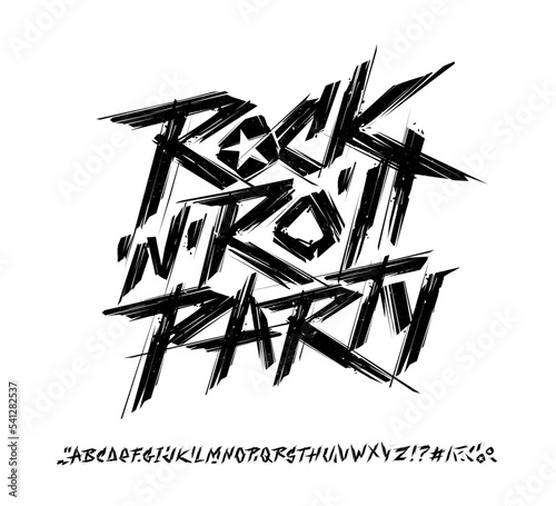 Rock'n'roll Party print design grunge style font - isolated vector template. Rock n roll lettering design on white background. Grunge style print stump tee and poster design. Rock Music type font