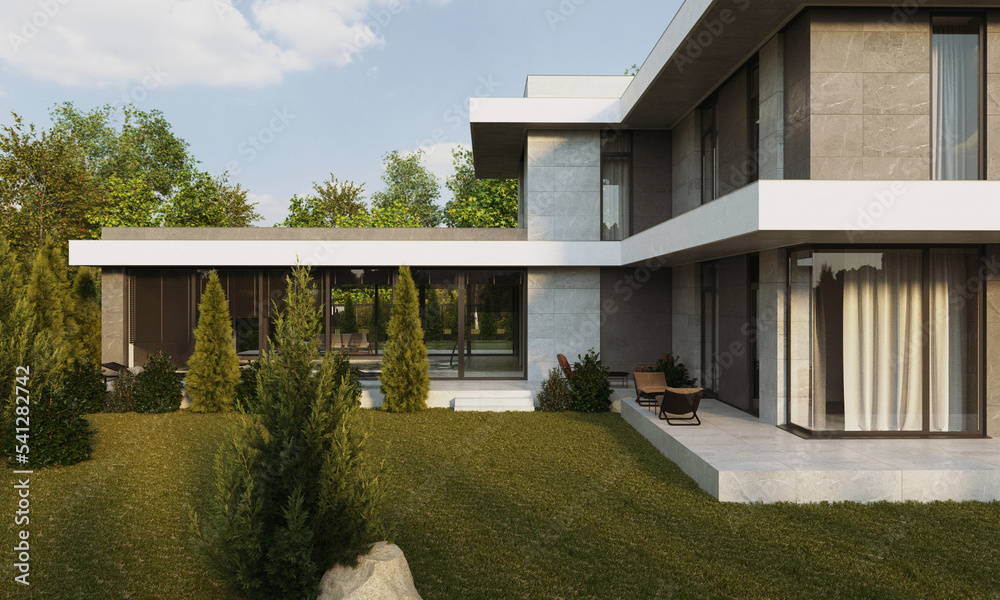 3D visualization of a modern house with a terrace and panoramic windows ...