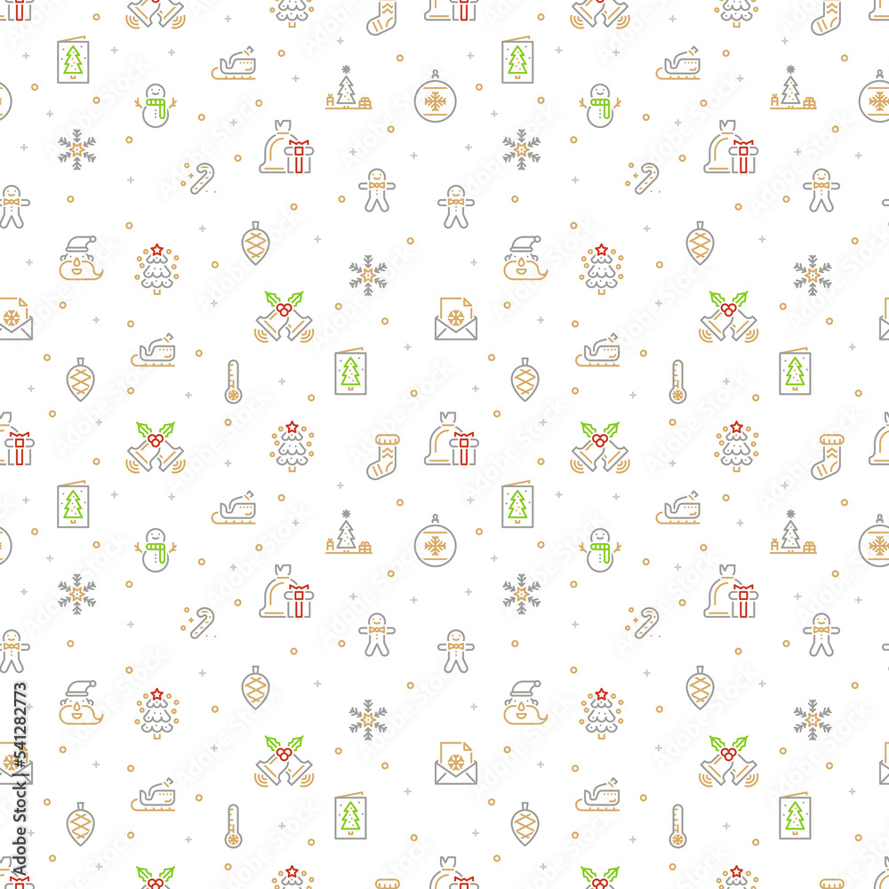 Christmas Icons Seamless Pattern with New Year Tree, Snow and Stars. Happy Winter Holiday Wallpaper with Nature Decor elements. Vector background design.