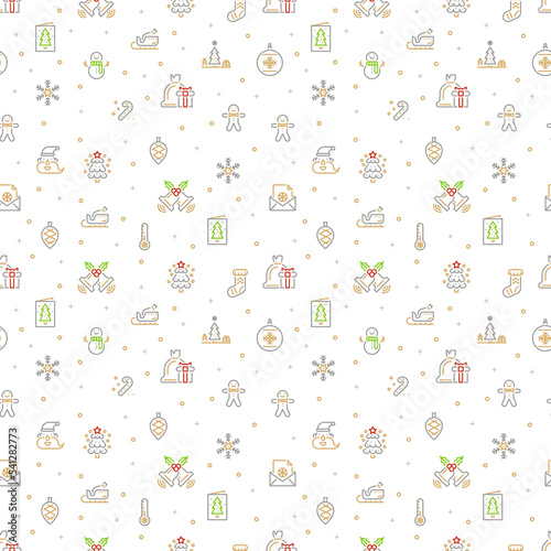 Christmas Icons Seamless Pattern with New Year Tree  Snow and Stars. Happy Winter Holiday Wallpaper with Nature Decor elements. Vector background design.