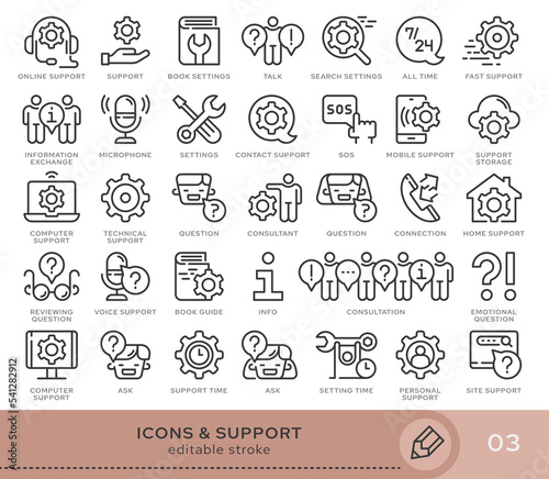 Set of conceptual icons. Vector icons in flat linear style for web sites, applications and other graphic resources. Set from the series - Support. Editable stroke icon.