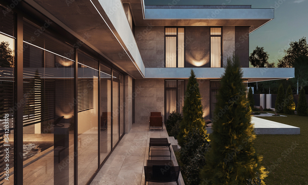 3D visualization of a modern house with a terrace and panoramic windows ...