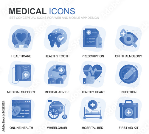 Modern Set Healthcare and Medical Gradient Flat Icons for Website and Mobile Apps. Contains such Icons as Ambulance, First Aid, Research, Hospital. Conceptual color flat icon. Vector pictogram pack.