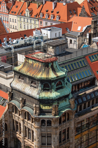 Wroclaw's old town, roofs of tenement houses and the Market Square on a sunny summer day. City.