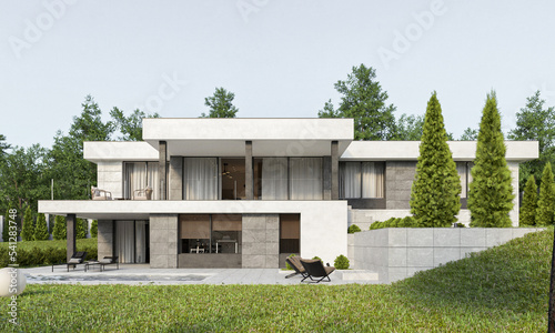Modern house on the relief. Exterior. House with swimming pool and large terrace. Modern architecture
