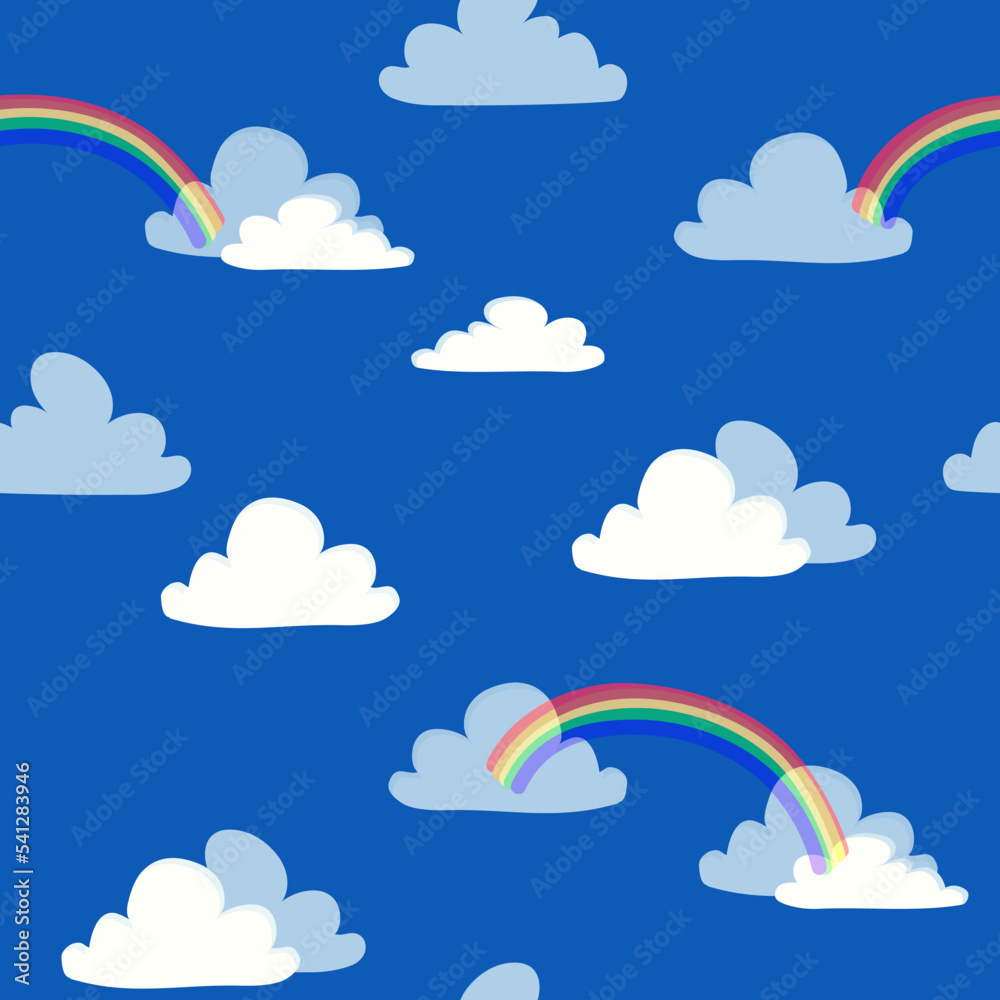 Clouds and rainbow seamless pattern vector illustration Bright blue sky background Flat cartoon style design for wrapping paper, textile, fabric and packaging decoration Clouds and rainbow seamless pattern vector illustration Bright blue sky background Flat cartoon style design for wrapping paper, textile, fabric and packaging decoration