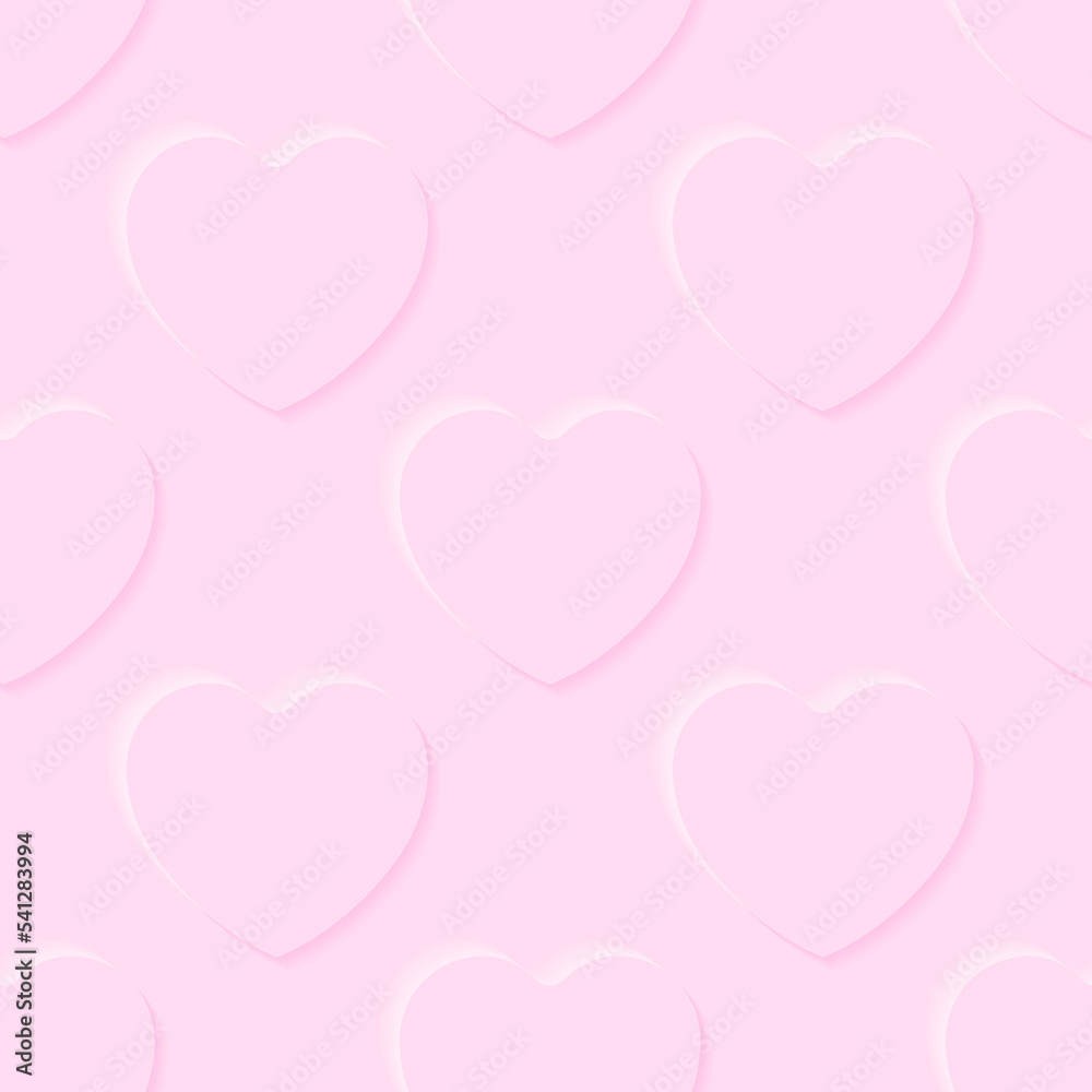 Pattern of embossed pink hearts in realistic style for printing and decoration. Vector illustration.