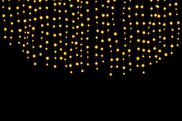 Abstract Christmas lights on black background. Glowing light bulb garland,