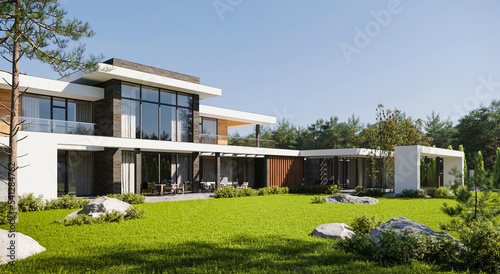 Modern villa with a large green area. House with pool and terrace. 3D visualization. house architecture