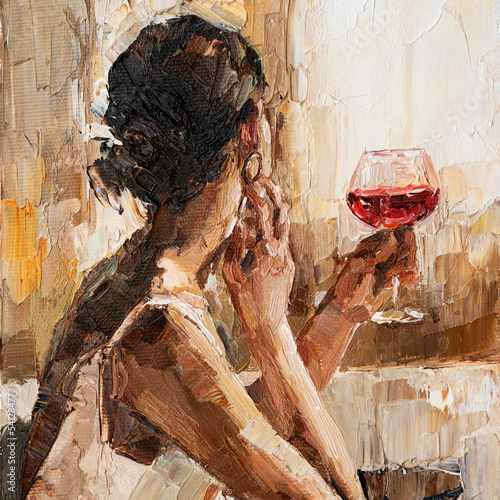 Fragment of artwork where  beautiful attractive young woman  holding a glass of wine. Oil painting on canvas.
