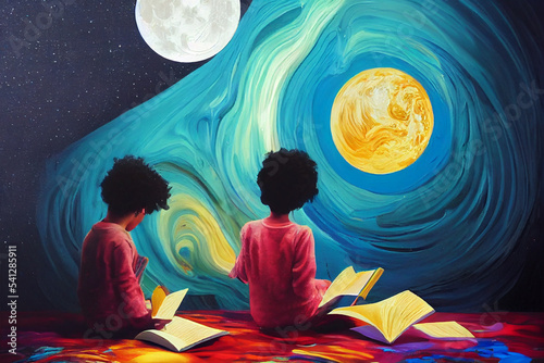 Kids Reading a Book in a Room 
 with Fantasy Full Moon Background Illustration, Night Time Two Kids Drawing Fantasy Astronomy with an Open Book Background