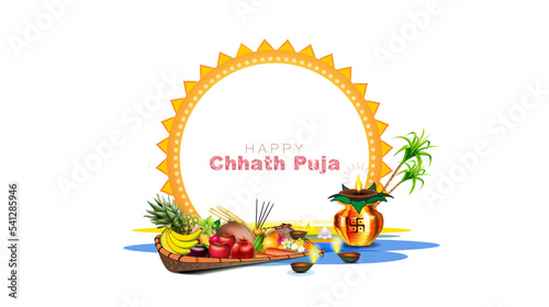 Chhath Puja greeting card design with god sun fruit basket, water pot and candle. photo