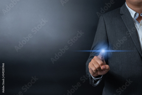 Double exposure of close up businessman pushing, touching on black and gray background