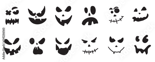 Halloween face silhouette sticker. Scary halloween pumpkins, icon set. Scary and funny pumpkin or Halloween ghost faces. Vector illustration.