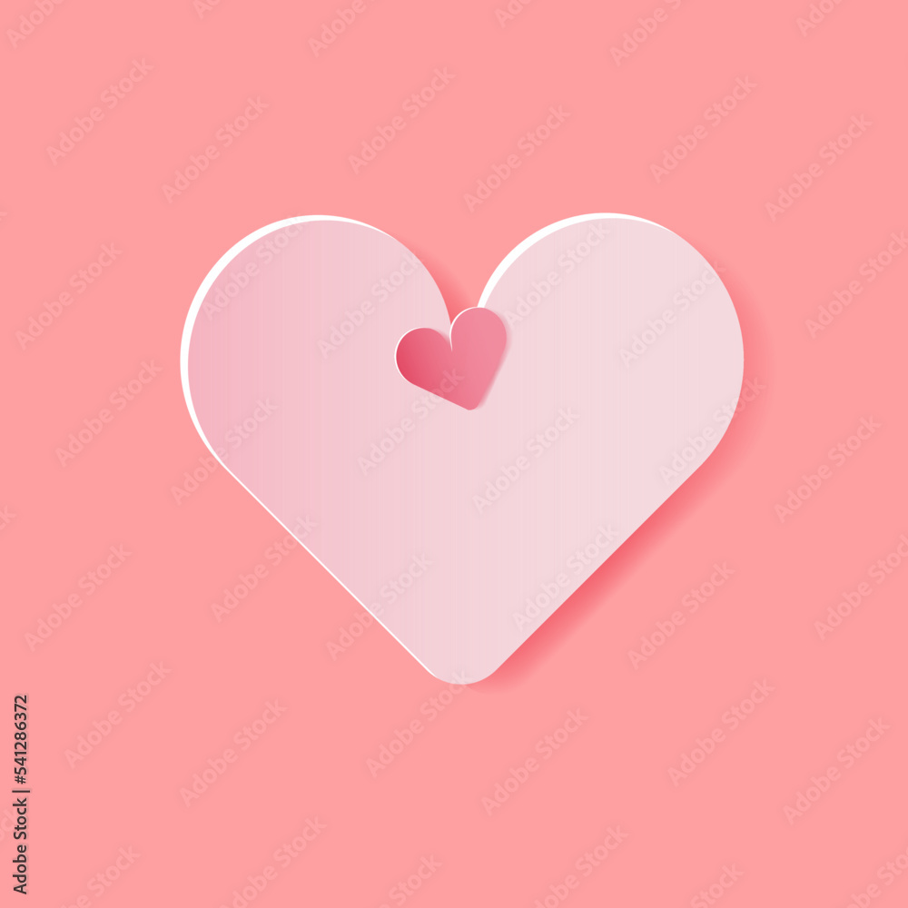 Big pink heart ornate with one little heart on pink background. Happy Valentine's Day mockup, greeting card, and banner with copy space. Paper cut out vector