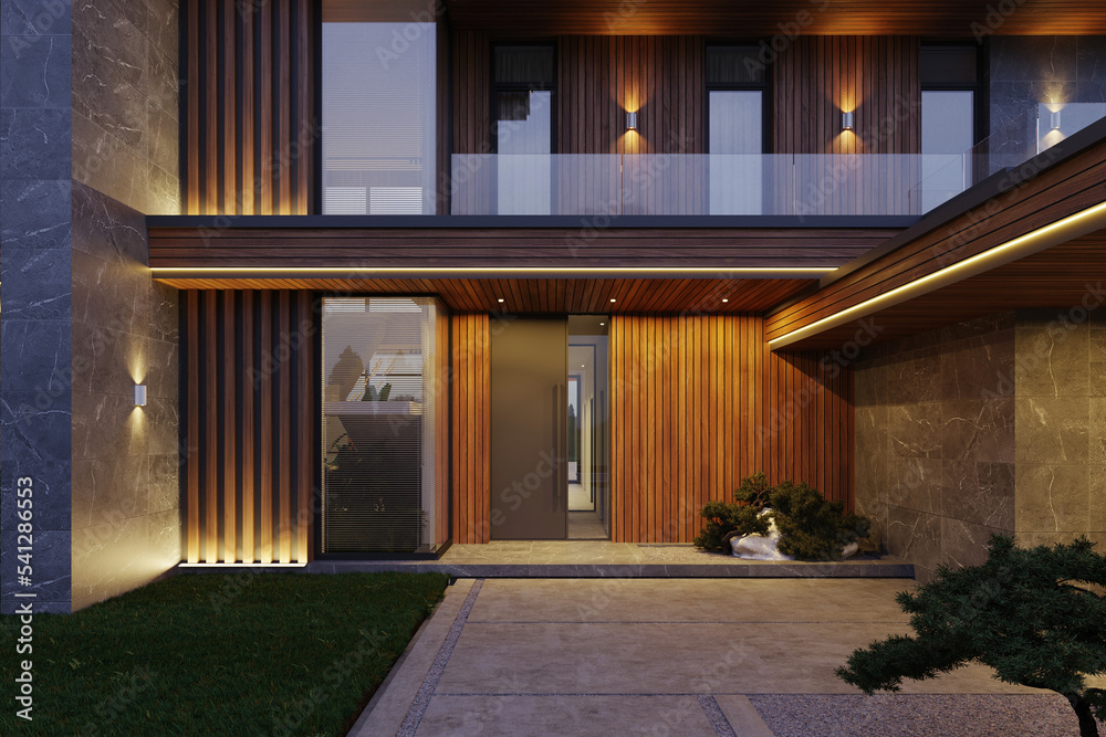 Modern villa with wooden facade. House with swimming pool and carport. House with panoramic windows. 3D visualization Modern villa with wooden facade. House with swimming pool and carport. House with panoramic windows. 3D visualization