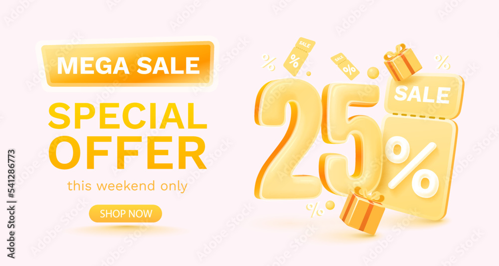 25 percent Special offer mega sale, Check and gift box. Sale banner and poster. Vector