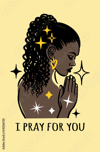 Black Afro Woman Praying African American Nubian Princess Queen.Poster. I pray for you.Girl lady portrait head face silhouette.Curly natural waves hair puff hairstyle drawing.Laser plotter cut.Stars.