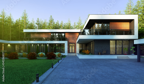 Modern villa with a large green area. Evening illumination of the facade. House in the forest. Exterior. 3D visualization. house architecture