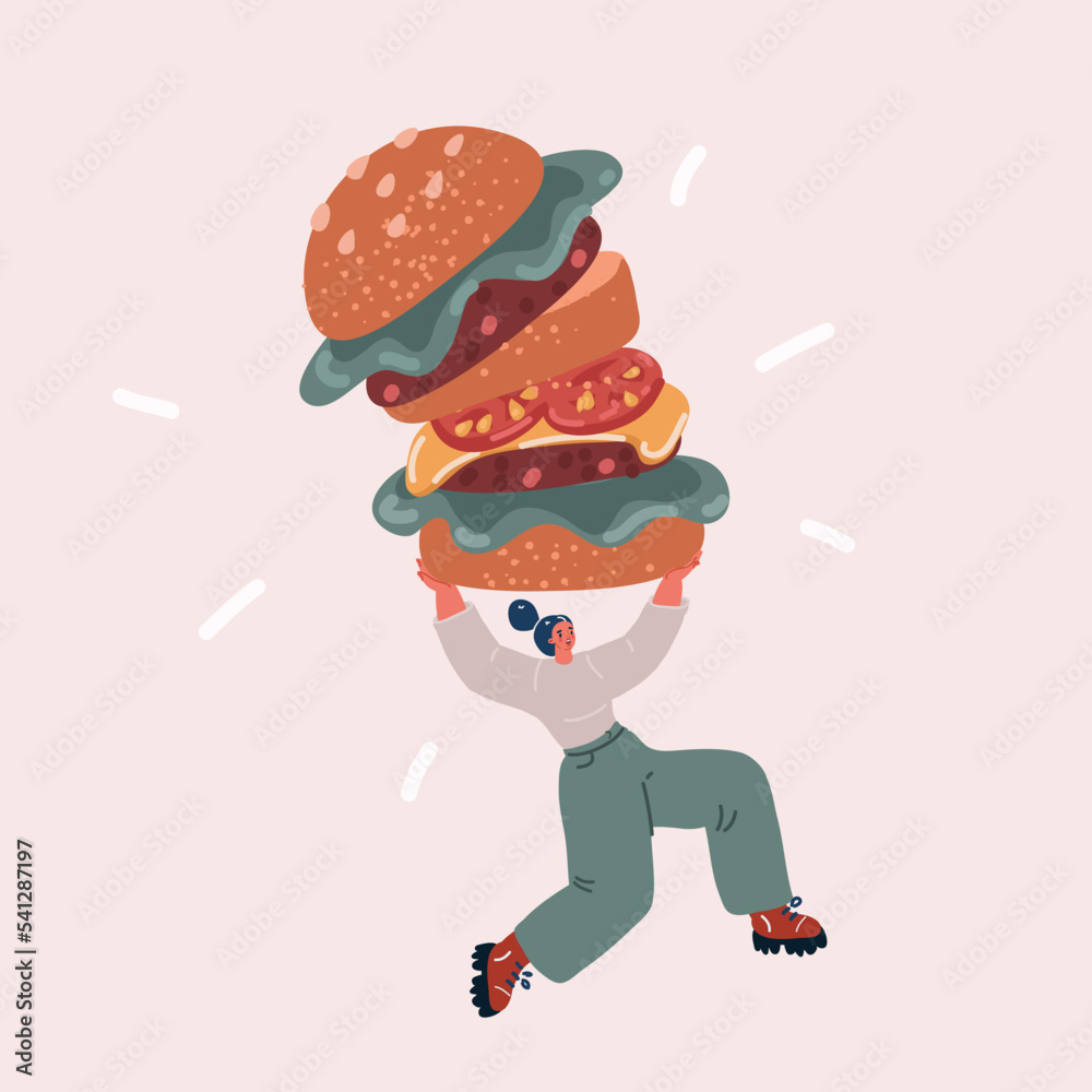 Vector illustration of Woman Runing Away with big Hamburger. Hungry character Vector illustration of Woman Runing Away with big Hamburger. Hungry character