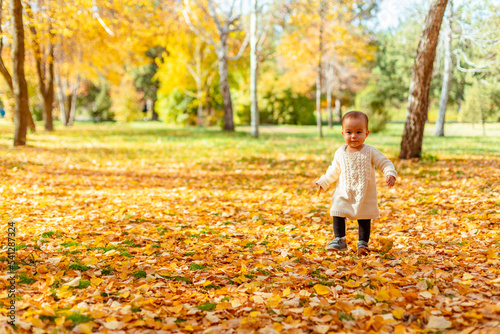 Toddler walking in yellow leaves in autumn park