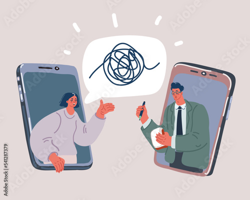 Vector illustration of familuy sitting at cafe. Man, woman and children at street cafeteria