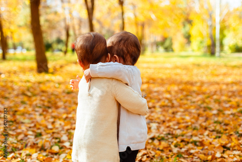 Toddler twin sisters hugging in autumn park