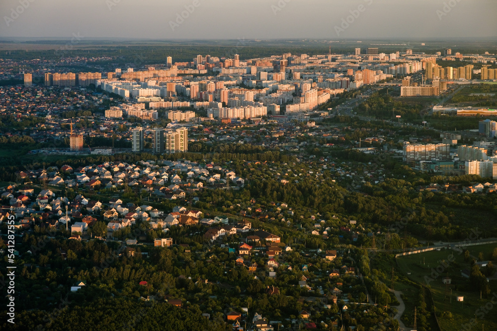 Fototapeta premium Panoramic summer shot from above of Kazan Kremlin. Tatarstan, Russia. Capital of the Republic of Tatarstan. City centre and landmark line with sunny weather. Sights, churches and mosque Kul-Sharif.