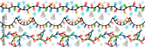 Bright Christmas lights with decorations on white background