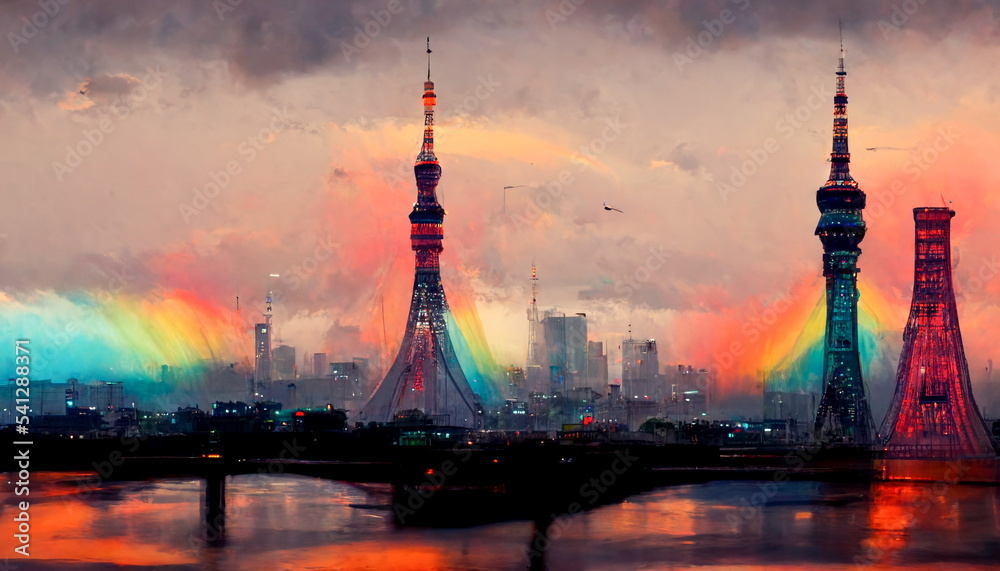 Tokyo skyline with Rainbow Bridge and Tokyo Tower at dusk Japan. Digital art and Concept digital illustration.
