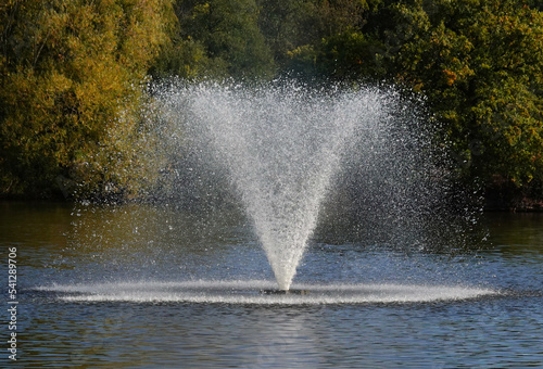 A fountain in a lake with a green wooded area in the background. 