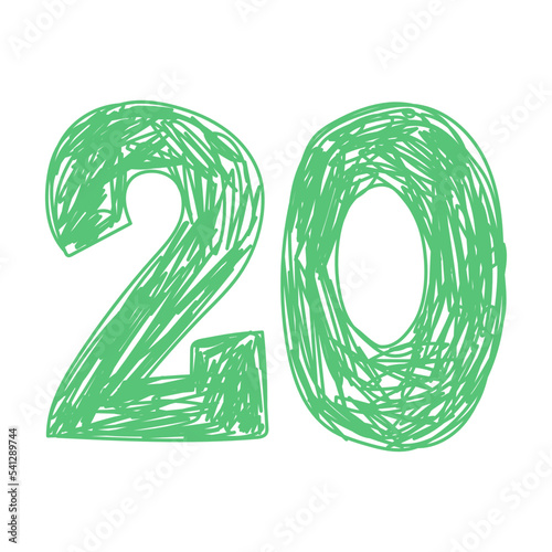 Number 20. Hand drawn line sketch digit. Children's drawing