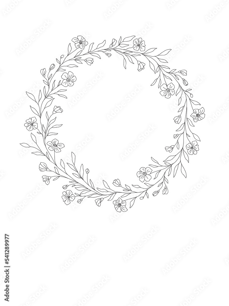 Flowers frame. Botanical clip art. Wildflowers wreath skethc.   Line drawn leaves and branches frames