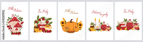Autumn postcards set with fly agaric, jam jar, pumpkin and teapot