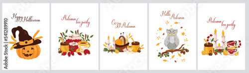 Tea party autumn postcards set with pumpkin, owl, jam, candles and honey