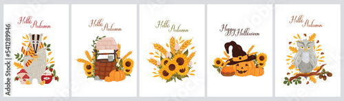 Autumn postcards set with badger, well, sunflowers, pumpkin and owl