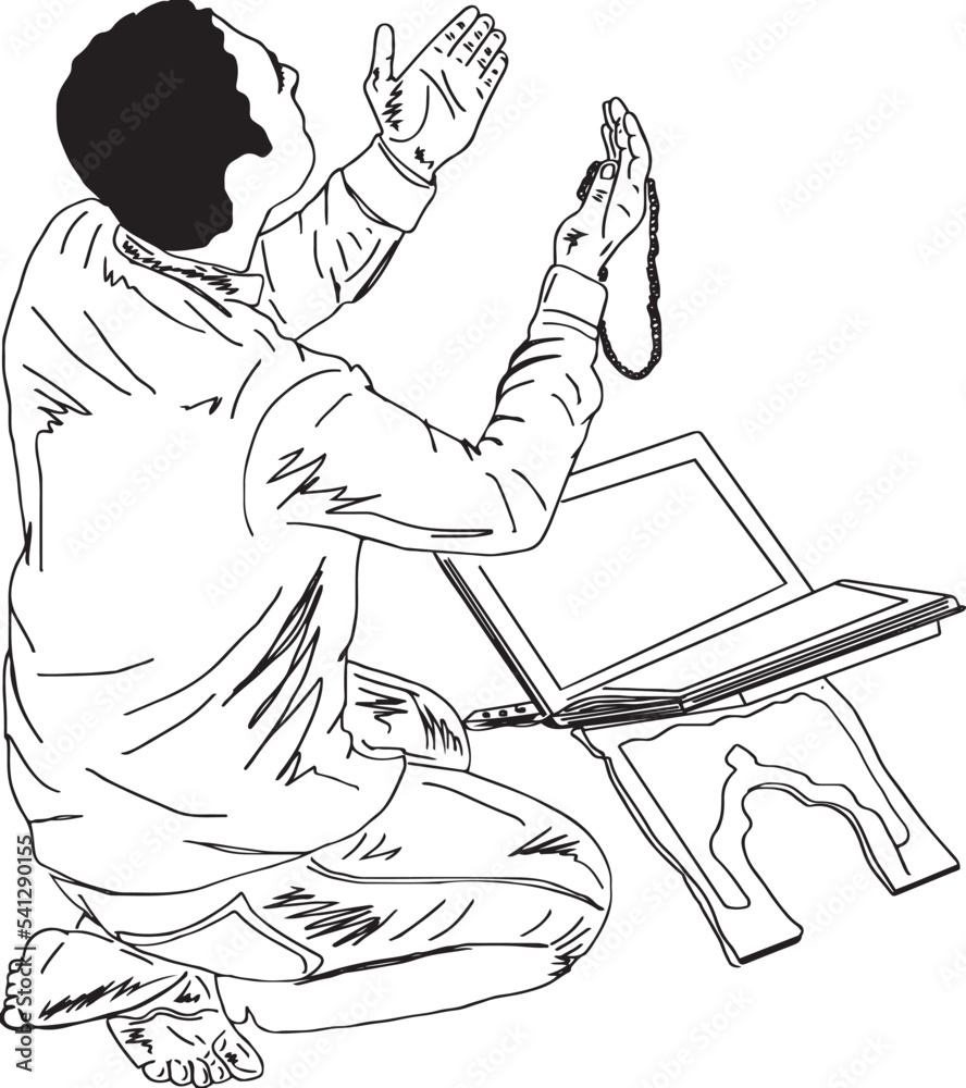muslim-man-praying-while-reading-the-holy-quran-outline-vector