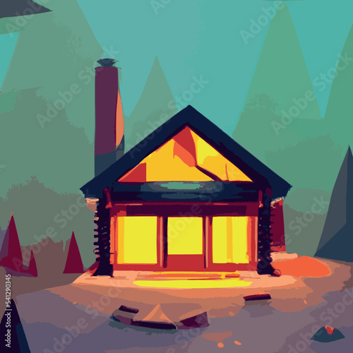 Autumn forest with wooden house on glade. Vector cartoon illustration of deep woods landscape with forester hut, grass and orange trees. Fall scene with cottage