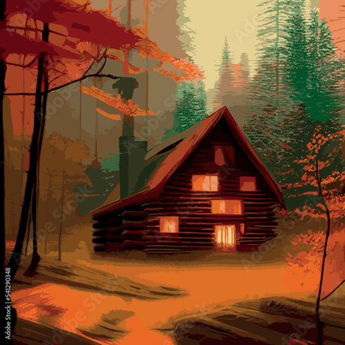 Autumn forest with wooden house on glade. Vector cartoon illustration of deep woods landscape with forester hut, grass and orange trees. Fall scene with cottage