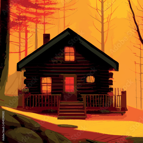 Autumn forest with wooden house on glade. Vector cartoon illustration of deep woods landscape with forester hut, grass and orange trees. Fall scene with cottage