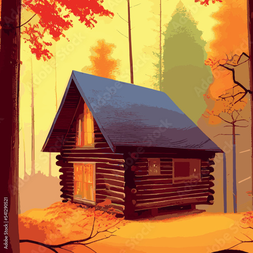 Autumn forest with wooden house on glade. Vector cartoon illustration of deep woods landscape with forester hut, grass and orange trees. Fall scene with cottage