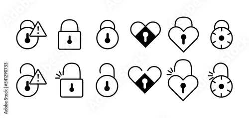 Black isolated outline icon of locked and unlocked heart shape lock on white background. Set of Line Icon of heart shape lock.