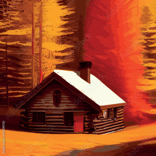 Autumn forest with wooden house on glade. Vector cartoon illustration of deep woods landscape with forester hut, grass and orange trees. Fall scene with cottage