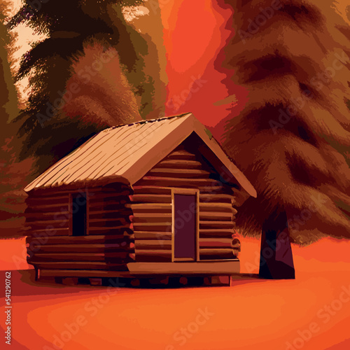 Autumn forest with wooden house on glade. Vector cartoon illustration of deep woods landscape with forester hut, grass and orange trees. Fall scene with cottage