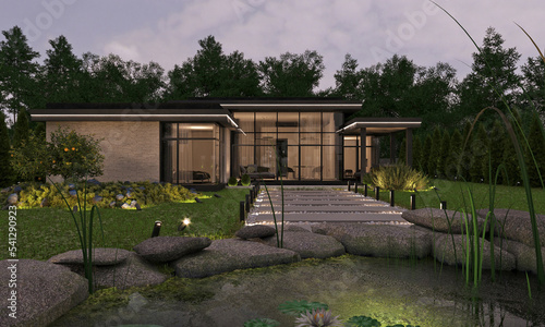 Wallpaper Mural House with pool in modern style. Facade lighting. House on a beautiful lot. 3D visualization of the house. Evening illumination Torontodigital.ca