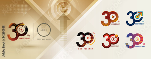 Set of 30th Anniversary logotype design, Thirty years Celebrating Anniversary Logo multiple line for celebration event, Play Arrow, Target Sign logo,