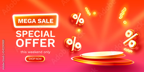 Podium percentage, flyer event product. sale off banner. Vector